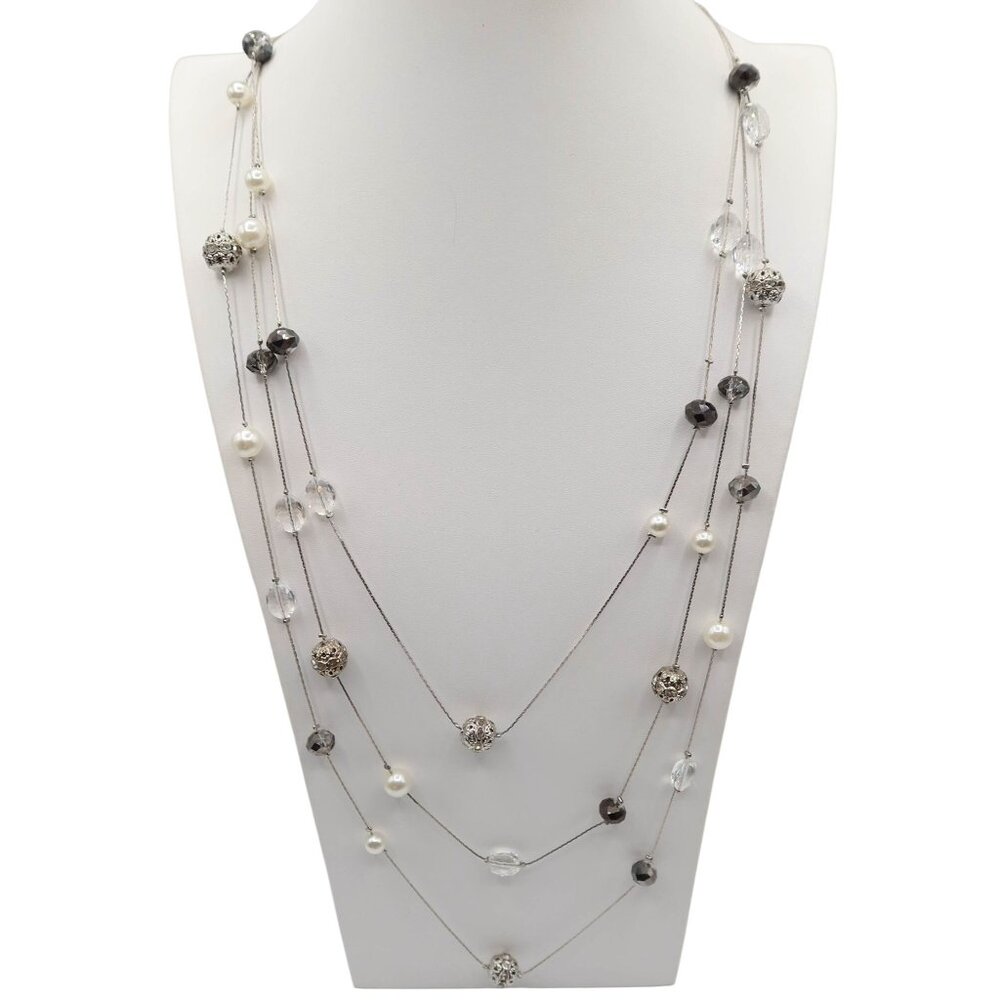 CHARMING CHARLIE Bead Faux Pearl Silver Tone 3 Strand Long Station Necklace NEW